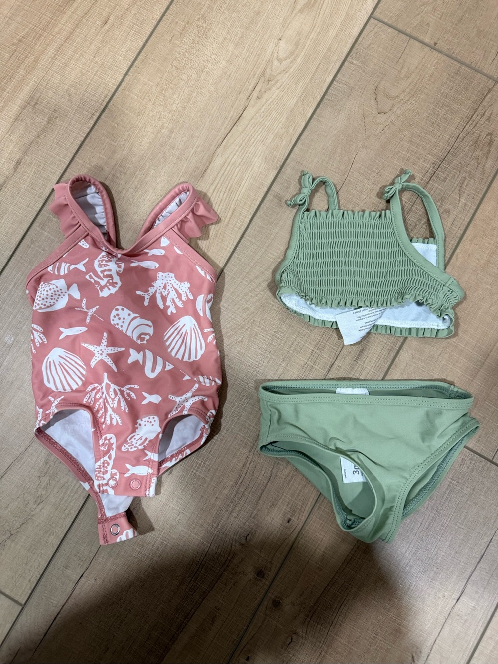 Girls Two-Piece Green Bikini & Pink Seashell One-Piece Swimsuit